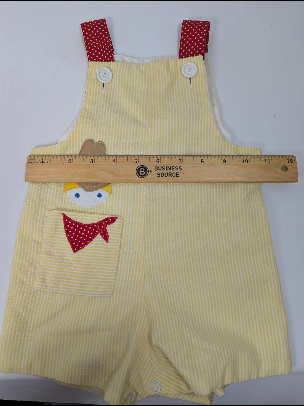 VTG 1980s Fischel Johnston Cowboy Appliqué Yellow Seersucker Overalls Romper 2T